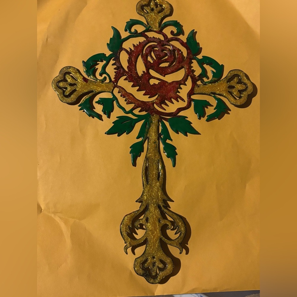 Elegant Gold and Green Cross Wall Decor
